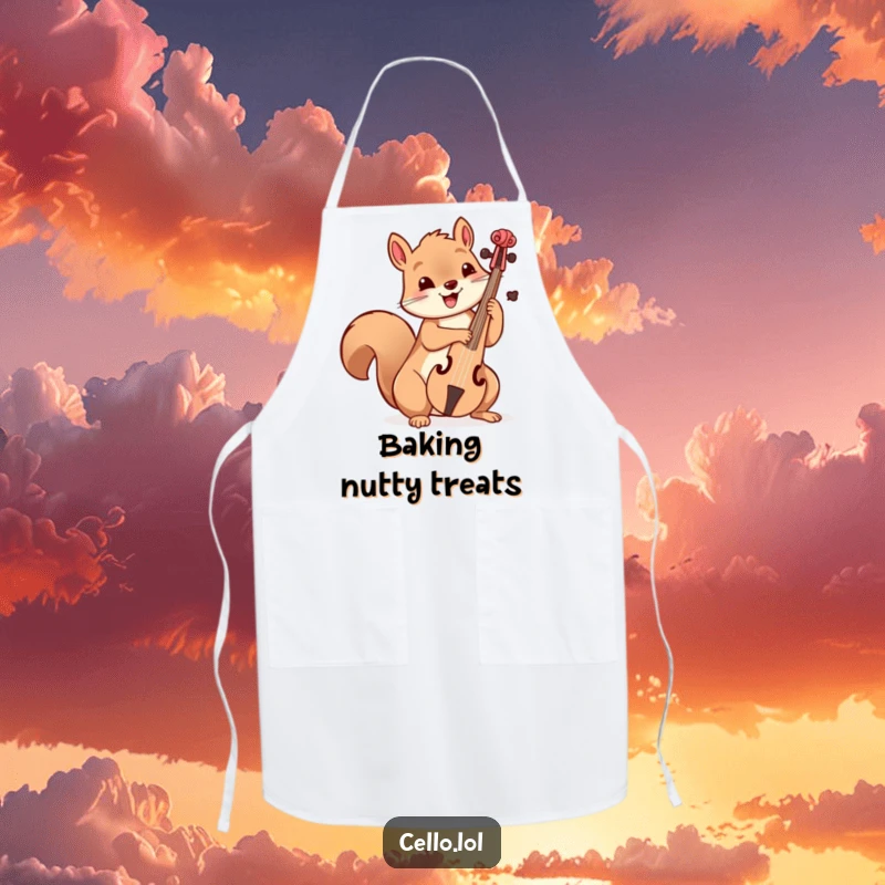 Funny playful squirrel holding cello bow with delight, musical apron, kitchen accessory, cute animal, great funny gift.