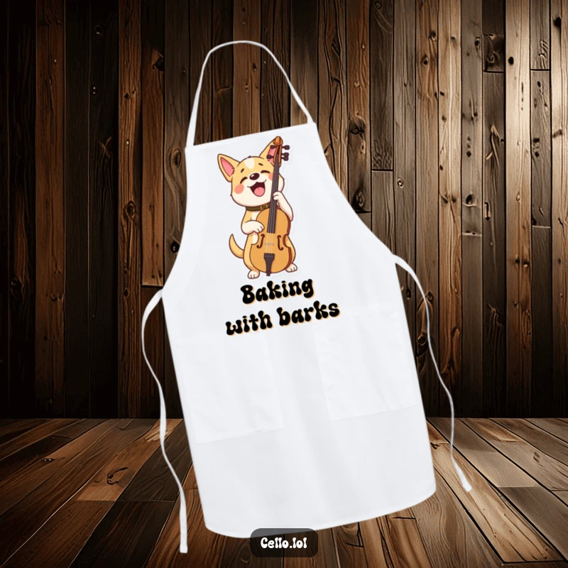 Funny dog apron holding cello looking very proud, a humorous kitchen essential for musical chefs. Great funny gift.