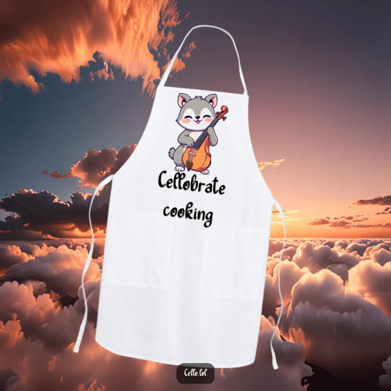 Funny kitchen apron showcasing a cute, cheerful animal adeptly playing the cello, perfect for chefs who enjoy music and humor.