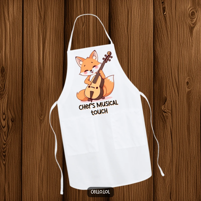 Funny Fox Cello Player Apron featuring a cheerful fox playing the cello with a happy, focused expression while in the kitchen.