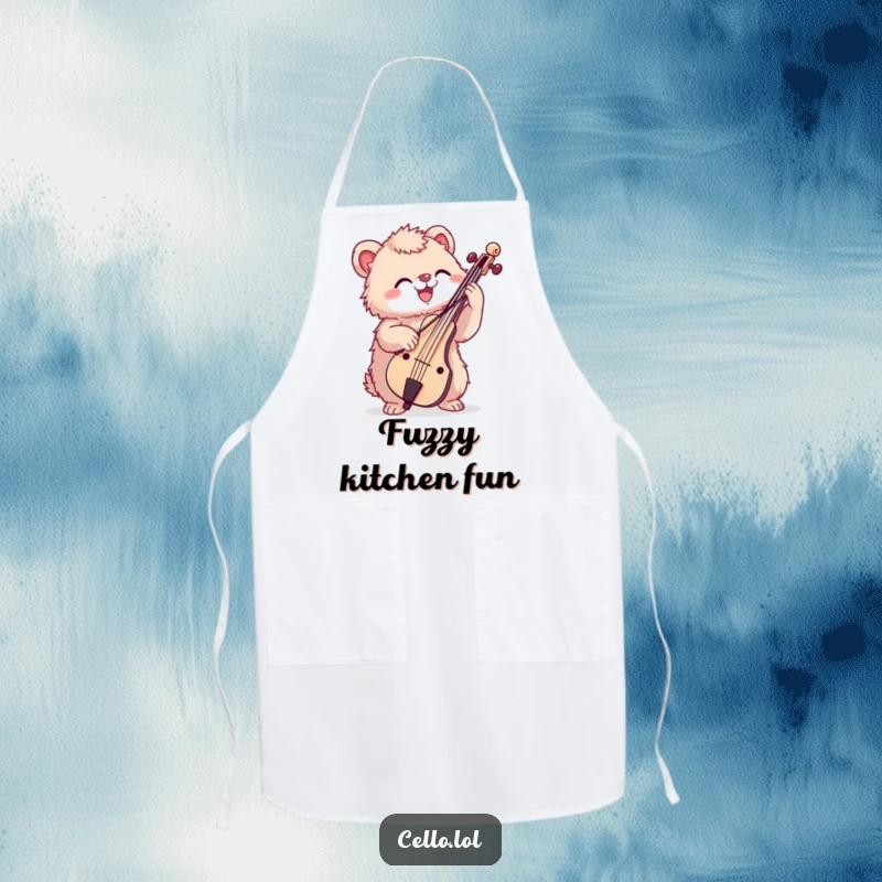 Funny kitchen apron with a fuzzy creature enthusiastically bowing a cello, perfect for music-loving chefs.