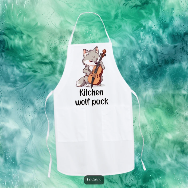 Funny determined wolf playing cello with concentration, musical apron, kitchen accessory, focused chef, great funny gift.