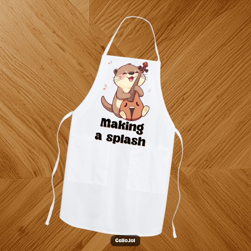 Funny otter apron sliding on cello with a musical gleam, a humorous kitchen essential for musical chefs. Great funny gift.