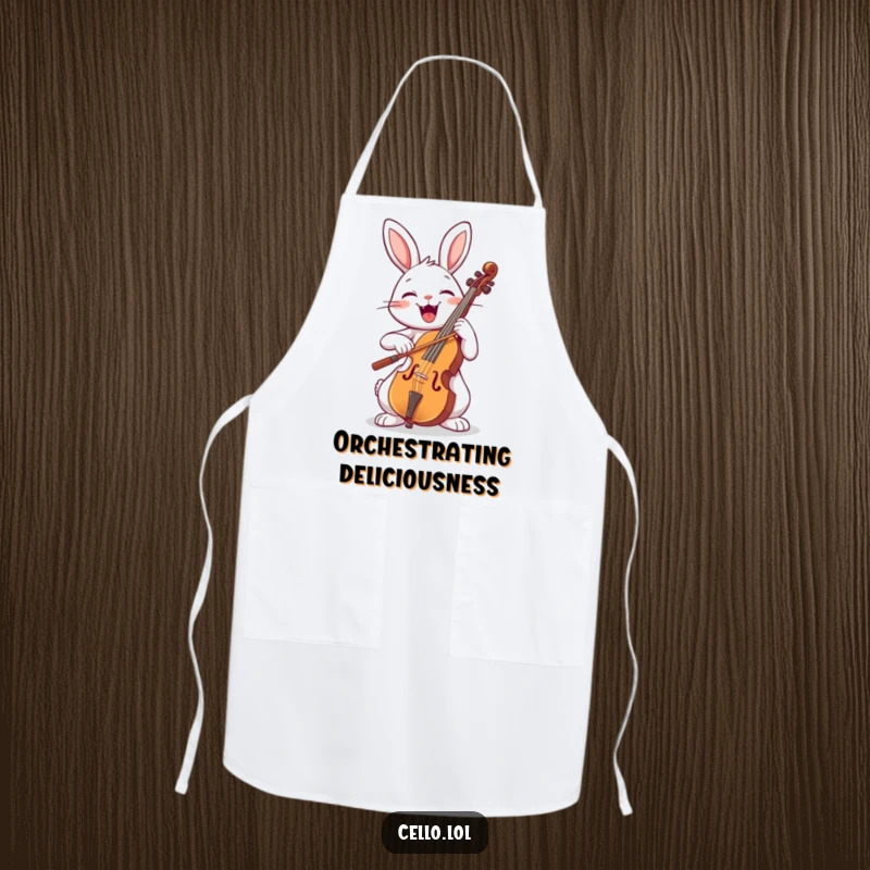 Funny rabbit playing cello with a wide smile, musical apron, kitchen humor, cooking accessory, joyful musician, perfect funny gift.