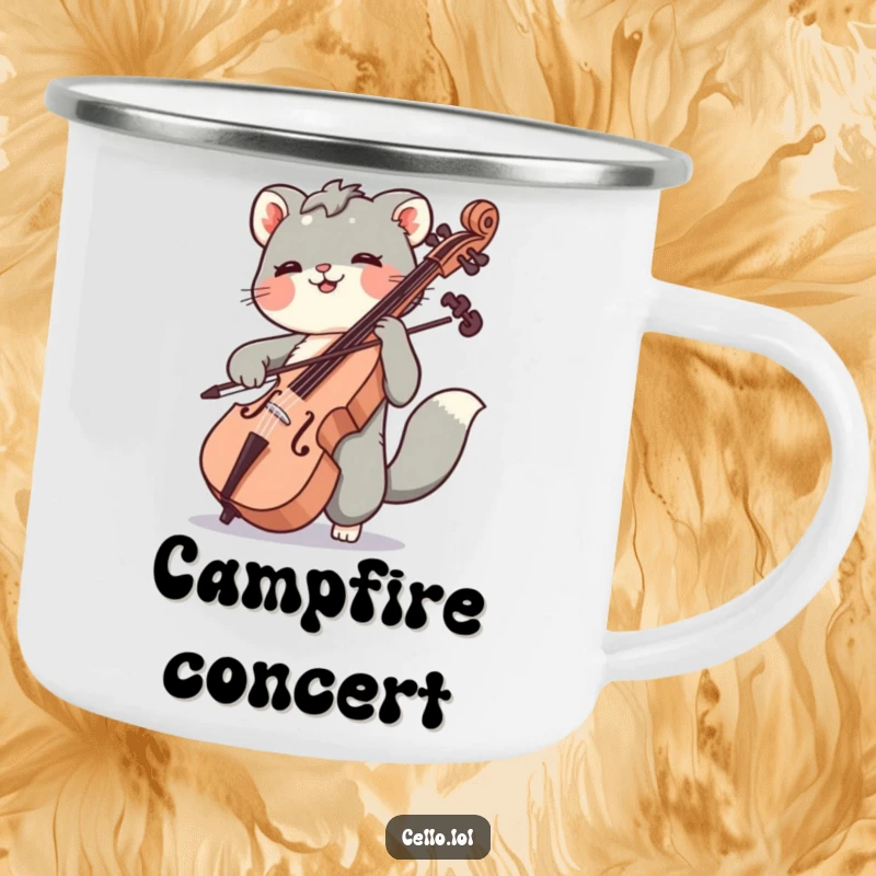 Funny enamel camping mug showing an animal joyfully bowing cello strings, ideal for campers who enjoy music and humorous designs.