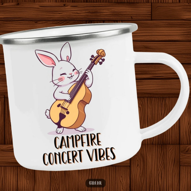 Funny rabbit camping mug strumming cello with playful abandon, a durable and humorous mug for outdoor fun. Great funny gift.