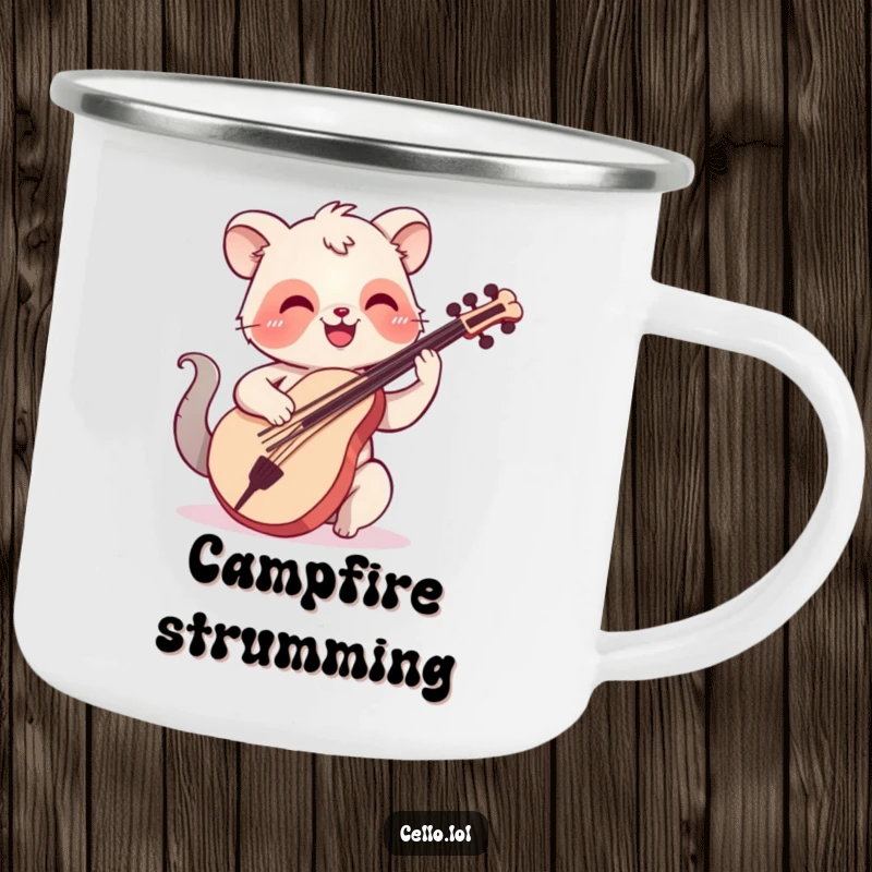 Funny enamel camping mug with a happy animal smiling while plucking cello strings, perfect for outdoor music fans.
