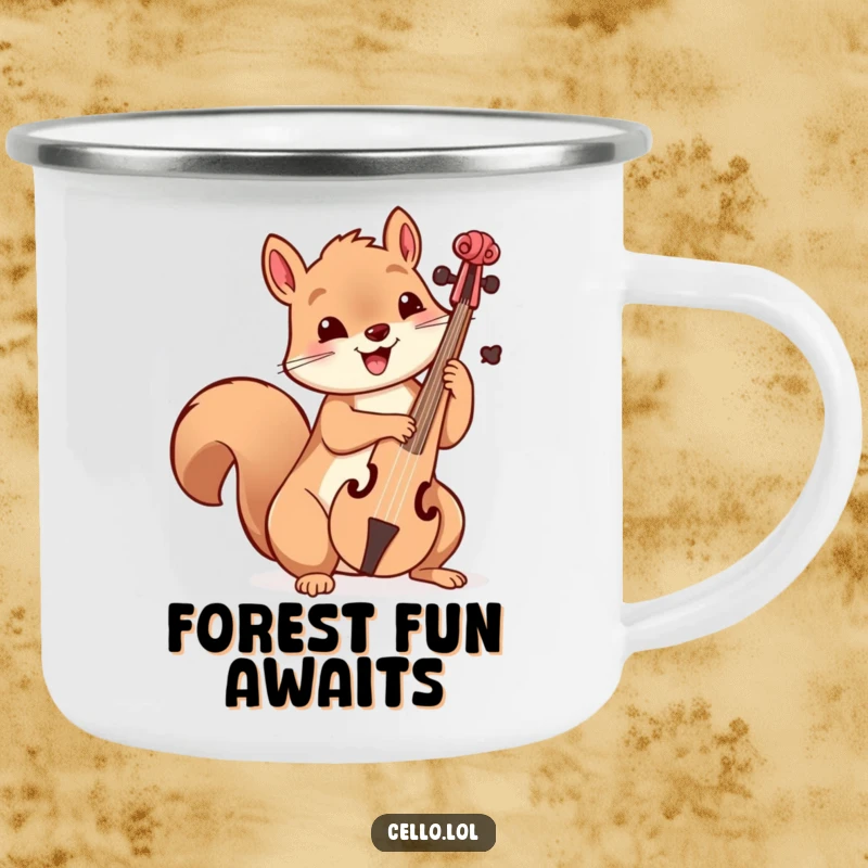 Funny playful squirrel holding cello bow with delight, tough camping mug, outdoor music, cute animal, great funny gift.