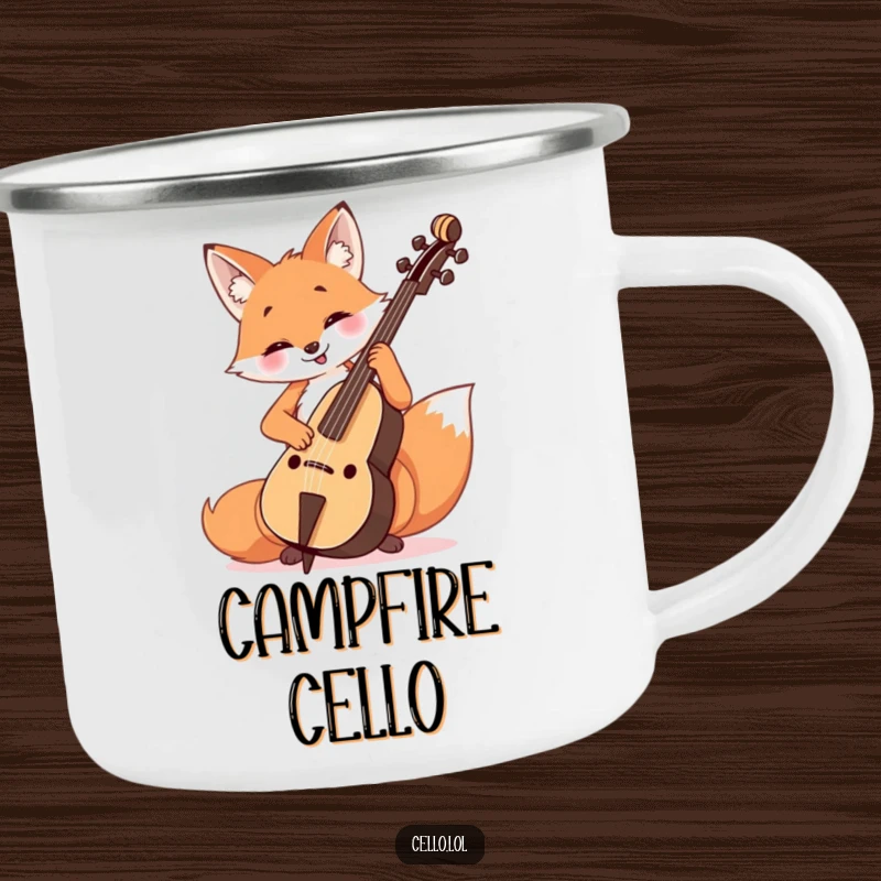 Funny Fox Cello Player Enamel Camping Mug showing a cheerful fox playing the cello with intense, happy focus.