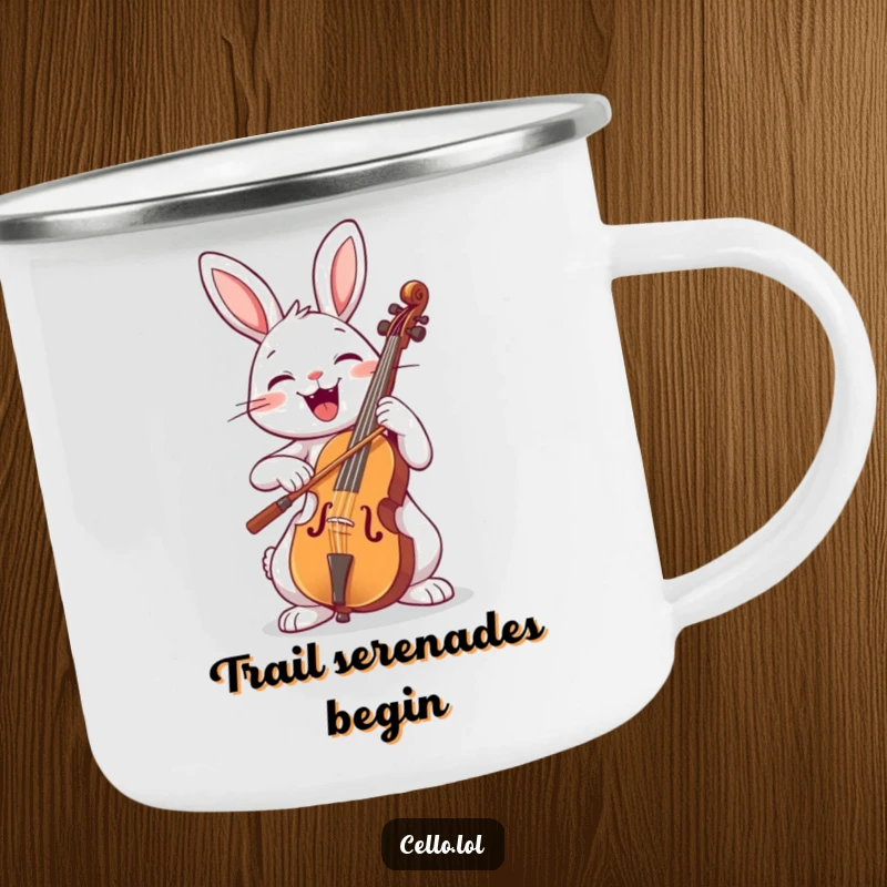 Funny rabbit playing cello with a wide smile, durable camping mug, outdoor adventure, musical theme, cheerful animal, great funny gift.