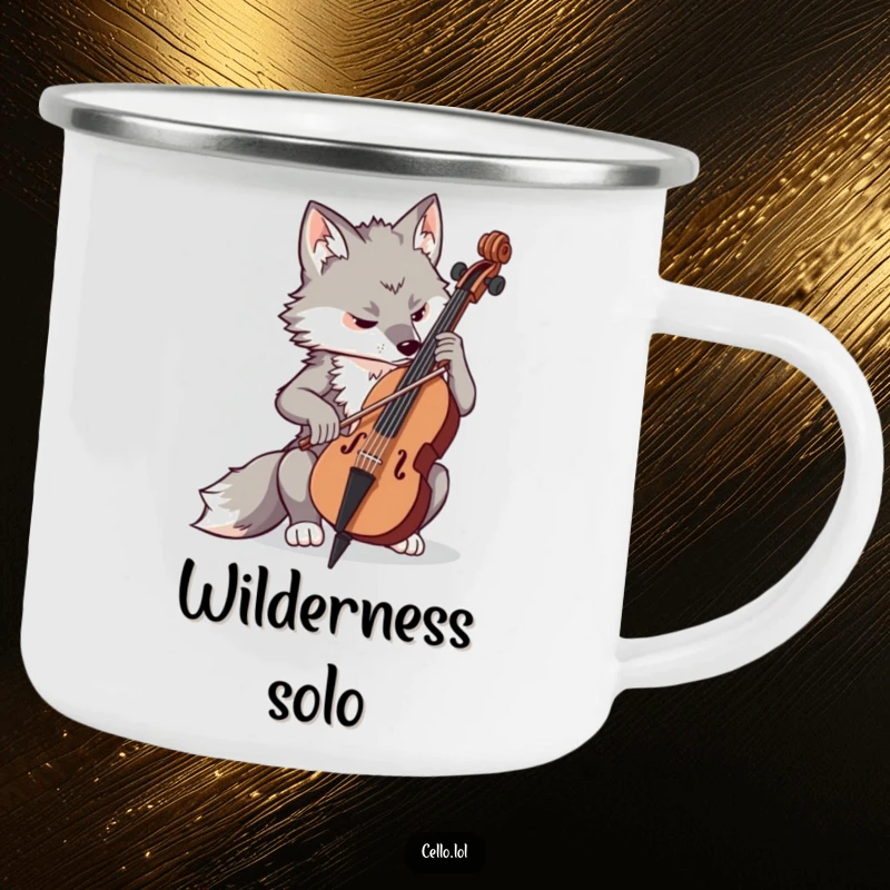 Funny determined wolf playing cello with concentration, durable camping mug, outdoor focus, intense animal, great funny gift.