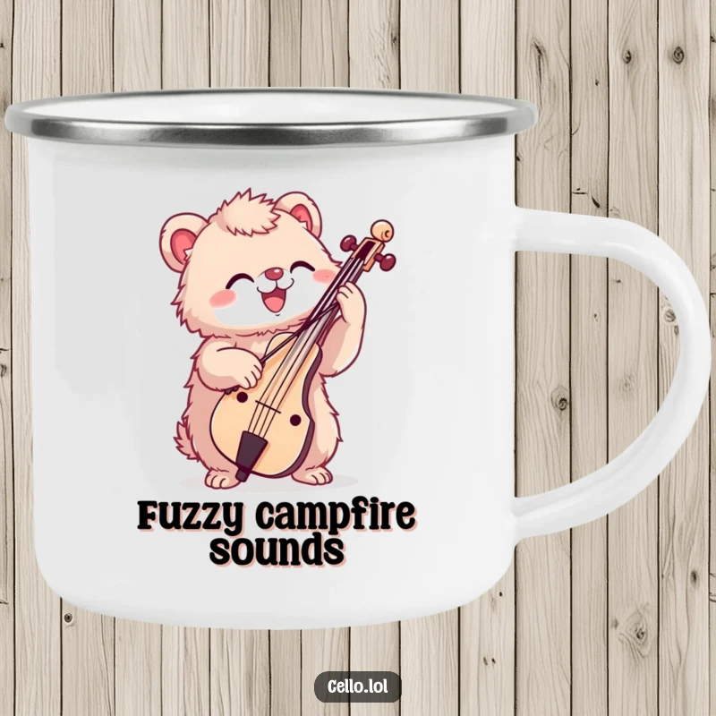 Funny enamel camping mug with a fuzzy creature enthusiastically bowing a cello, perfect for outdoor music fans.