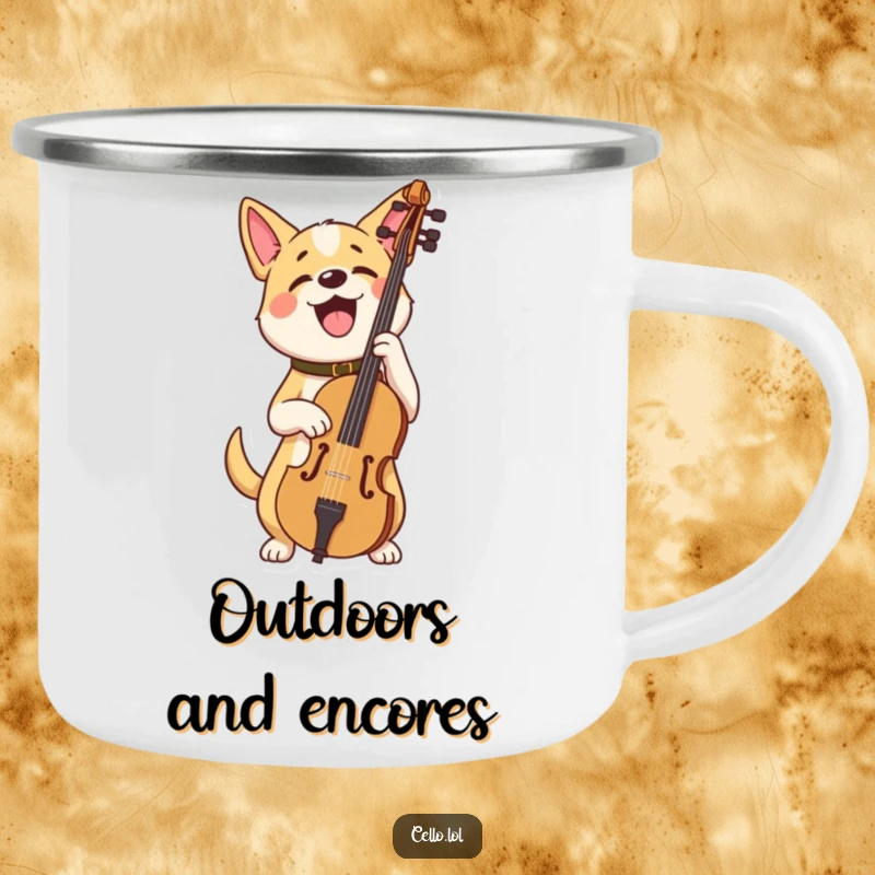 Funny dog camping mug holding cello looking very proud, a durable and humorous mug for outdoor fun. Great funny gift.