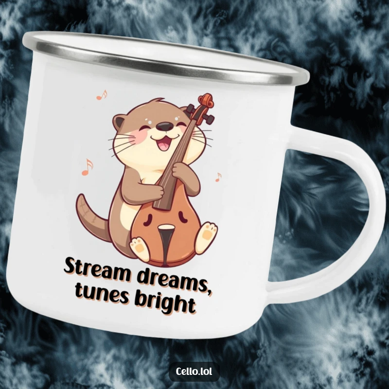 Funny otter camping mug sliding on cello with a musical gleam, a durable and humorous mug for outdoor fun. Great funny gift.