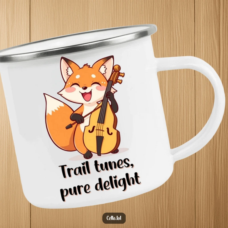 Funny fox camping mug bowing cello with a wide joyful grin, a durable and humorous mug for outdoor fun. Great funny gift.
