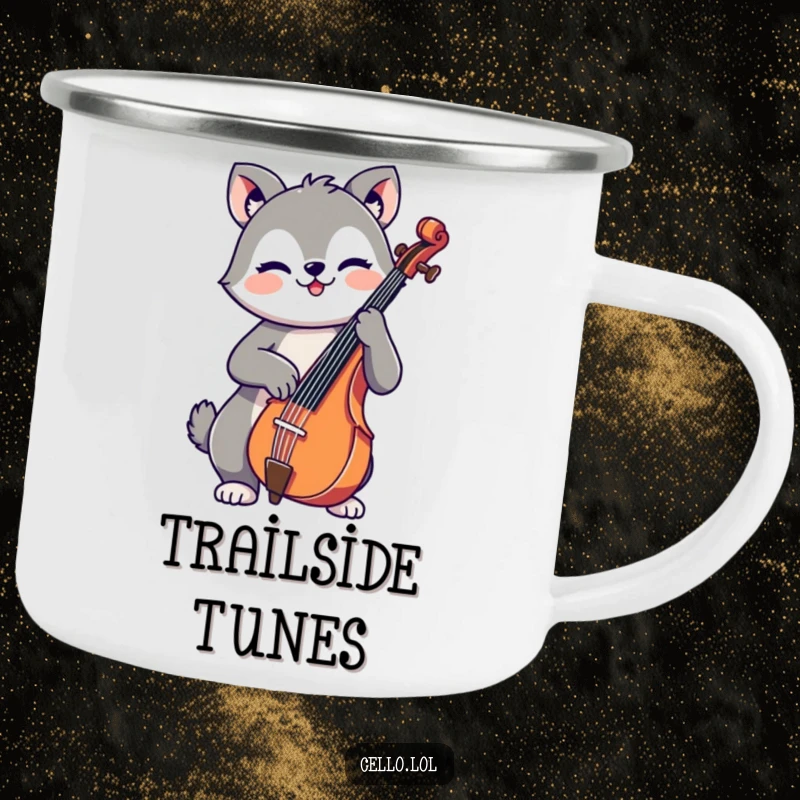 Funny enamel camping mug showcasing a cute, cheerful animal playing the cello, ideal for outdoor enthusiasts who love music and humor.