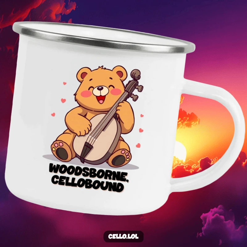 Funny bear camping mug playing cello with immense enthusiasm, a durable and humorous mug for outdoor adventures. Great funny gift.