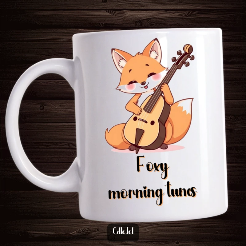 Funny Fox Cello Player Mug showing a happy fox concentrating intensely while playing a cello with a joyful expression.