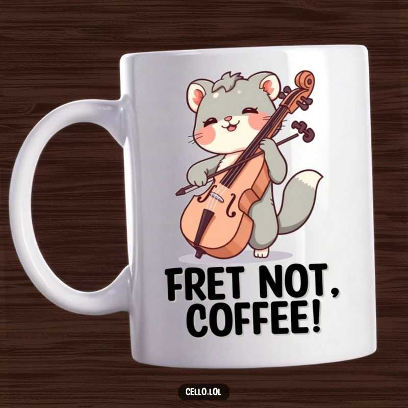Funny ceramic mug showing an animal gleefully drawing its bow across cello strings, capturing musical passion and humor.