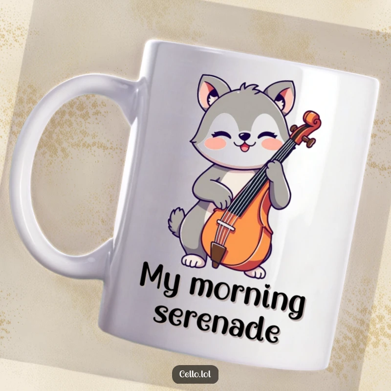 Funny ceramic mug featuring an adorable, cheerful animal with wide eyes happily playing a cello, perfect for music lovers.