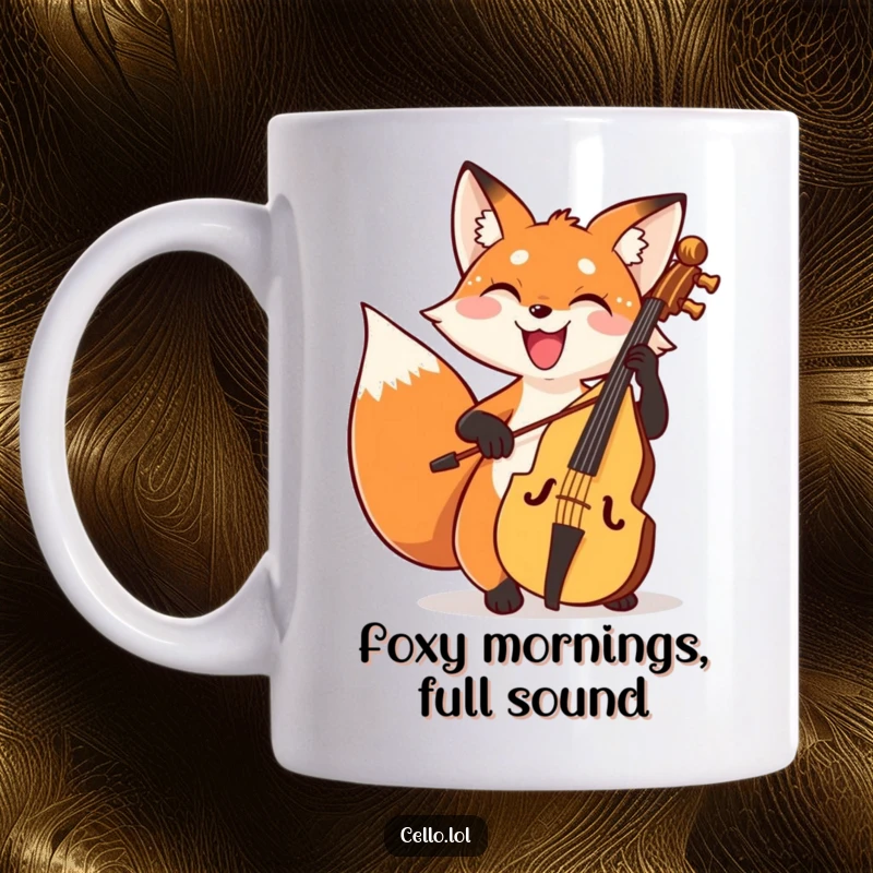 Funny fox mug bowing cello with a wide joyful grin, a happy musician celebrating music. Excellent funny gift for cello players.