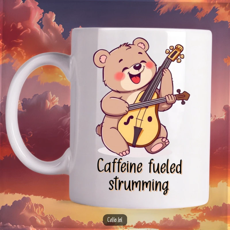 Funny happy bear strumming cello with great enthusiasm, energetic musician animal, coffee mug, lively decor, perfect funny gift.