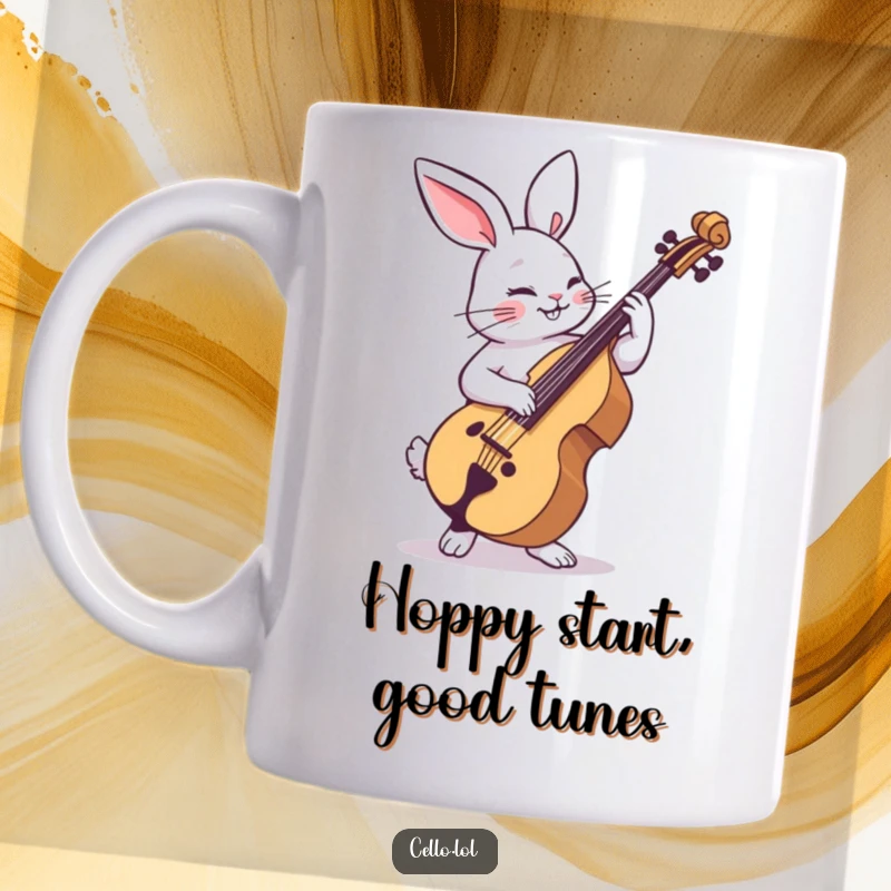 Funny rabbit mug strumming cello with playful abandon, a joyful dancer expressing musical freedom. Excellent funny gift for cello players.