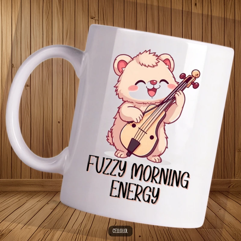 Funny ceramic mug featuring a fuzzy creature enthusiastically bowing a cello, capturing pure musical passion and delightful humor.