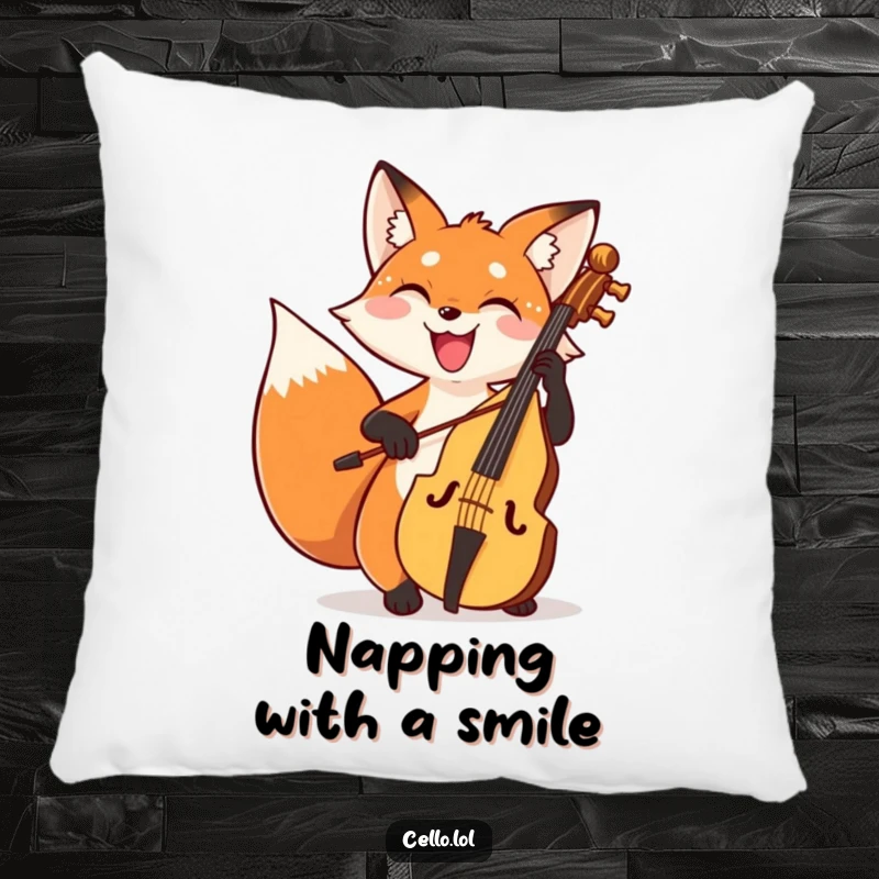 Funny fox pillow bowing cello with a wide joyful grin, a soft and humorous decorative item. Ideal funny gift.