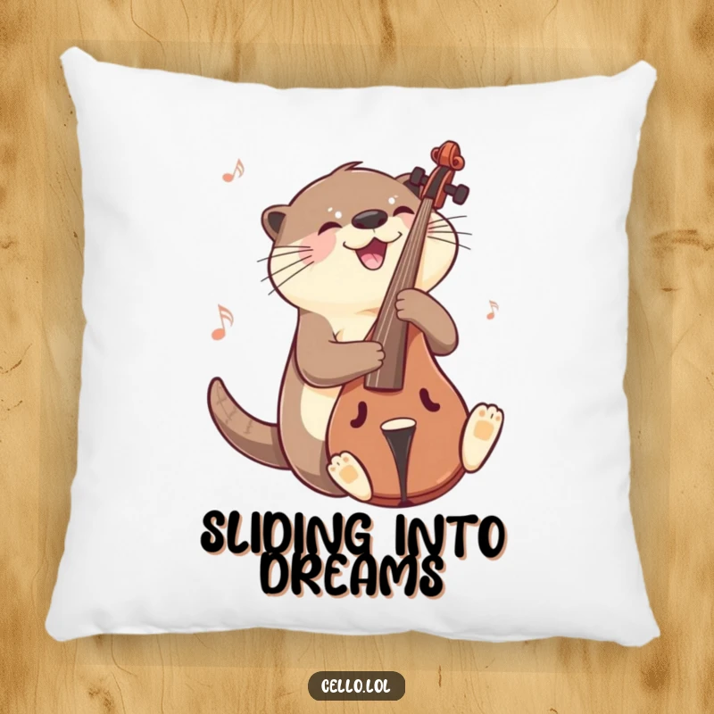 Funny otter pillow sliding on cello with a musical gleam, a soft and humorous decorative item. Ideal funny gift.
