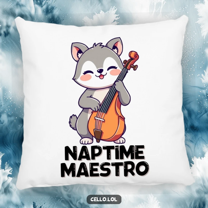 Funny throw pillow featuring a cute, cheerful animal happily playing the cello, offering comfort and a humorous musical accent.