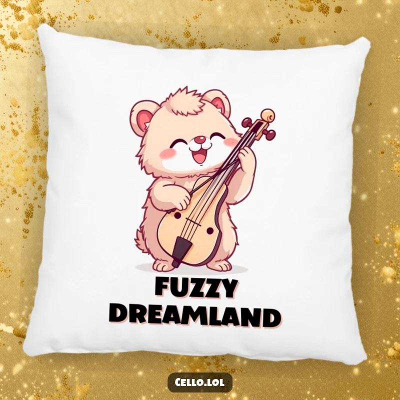 Funny throw pillow with a fuzzy creature enthusiastically bowing a cello, offering cozy musical charm and humor.