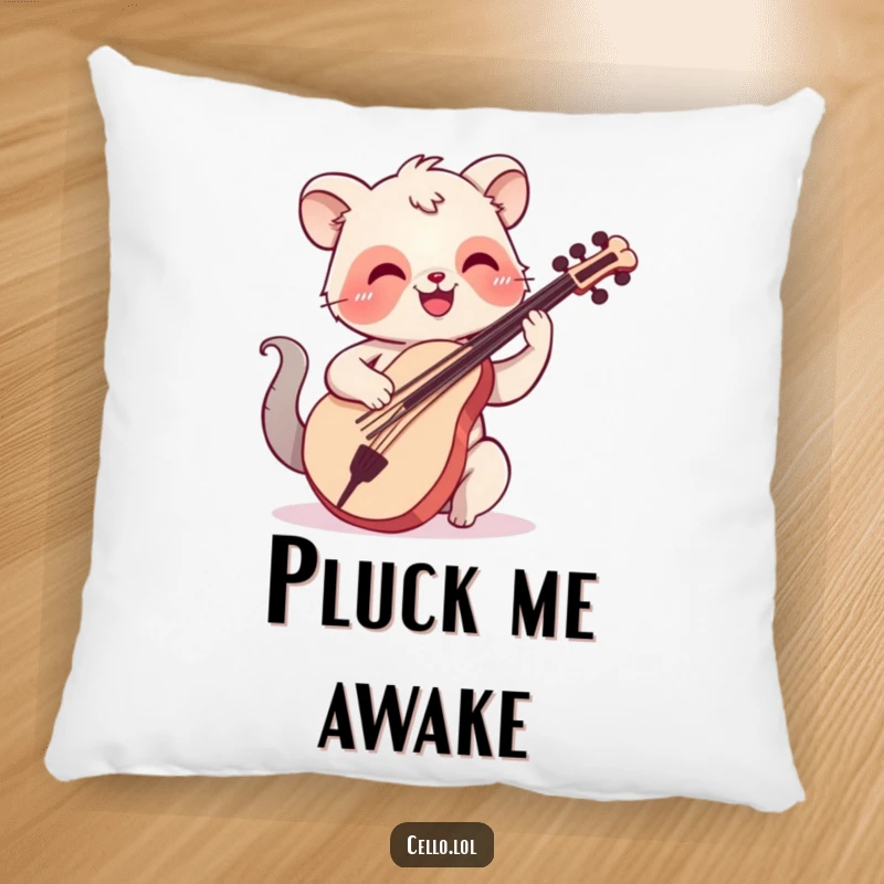 Funny throw pillow with a happy animal smiling while plucking cello strings, offering cozy musical charm and humor.