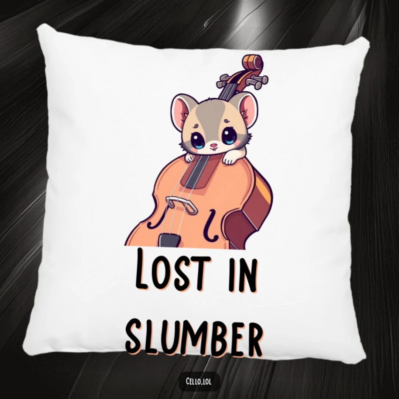 Funny throw pillow with a small animal, wide eyes, leaning into a large cello, offering cozy musical charm and humor.