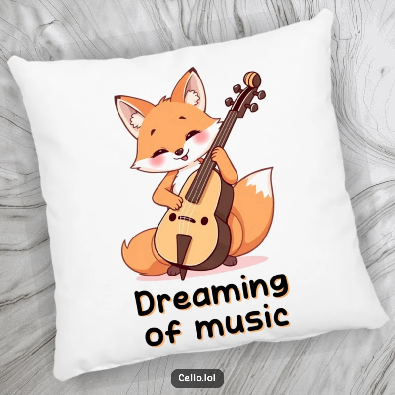 Funny Fox Cello Player Pillow depicting a happy fox intently playing the cello with a cheerful, focused expression.