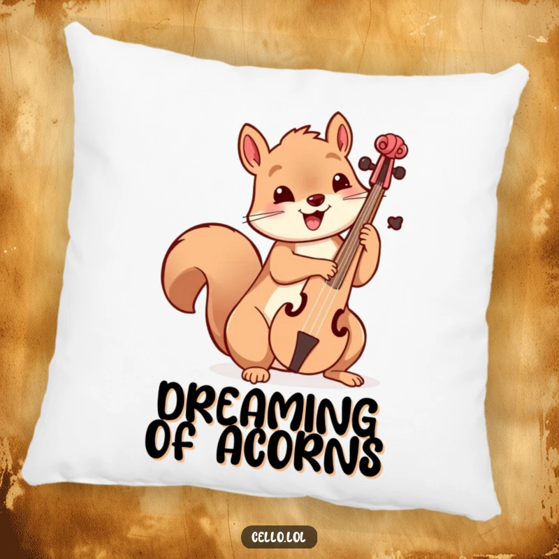Funny playful squirrel holding cello bow with delight, comfortable pillow, musical decor, cute animal, cheerful vibe, perfect funny gift.