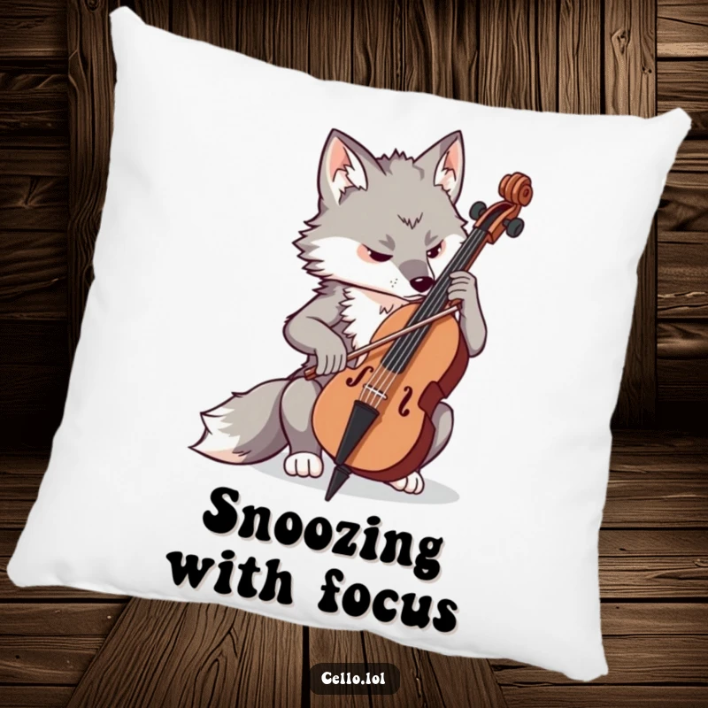 Funny determined wolf playing cello with concentration, comfortable pillow, musical decor, focused animal, serene vibe, perfect funny gift.