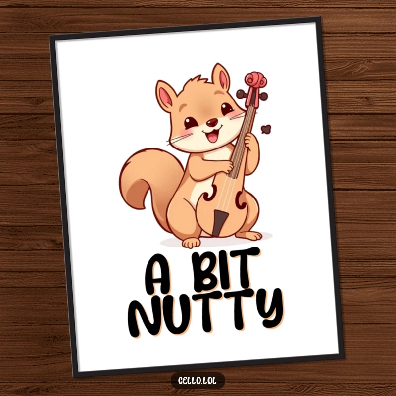 Funny playful squirrel holding cello bow with delight, digital art print, musical wall decor, cute creature, instant funny gift.