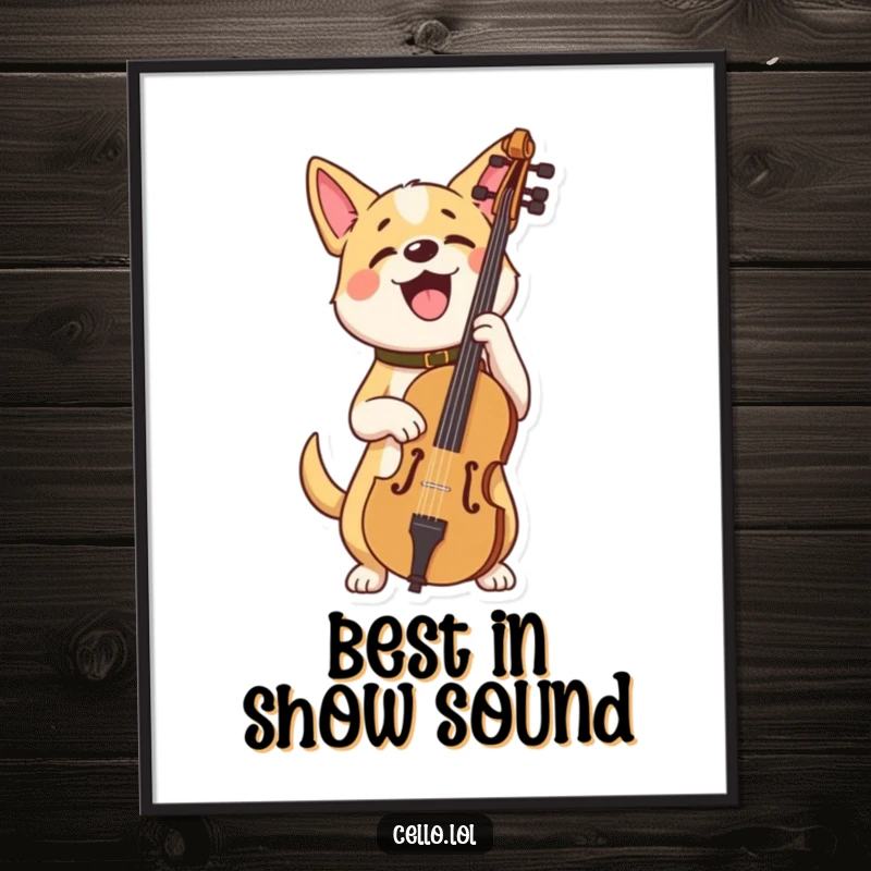 Funny dog digital art print holding cello looking very proud, a high-resolution humorous artwork for music lovers. Great gift.