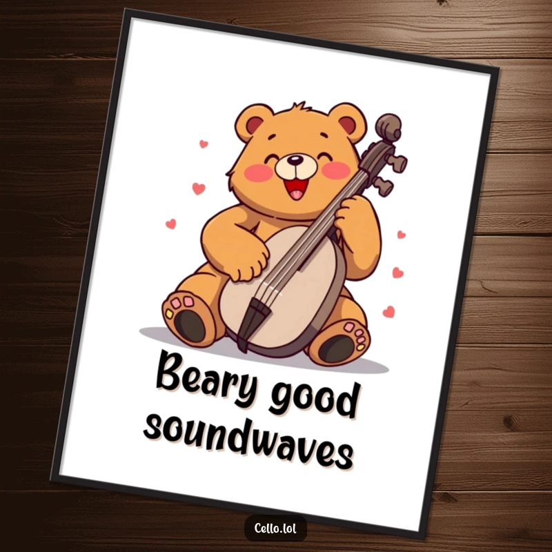 Funny bear digital art print playing cello with immense enthusiasm, a high-resolution humorous artwork for music lovers. Great gift.