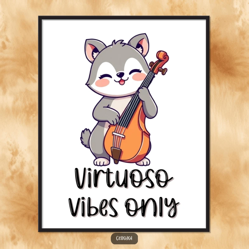 Funny digital art print of a cute, cheerful animal playing the cello, offering instant, downloadable, humorous musical decor.