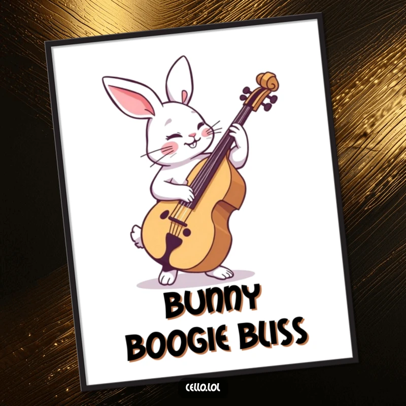 Funny rabbit digital art print strumming cello with playful abandon, a high-resolution humorous artwork for music lovers. Great gift.