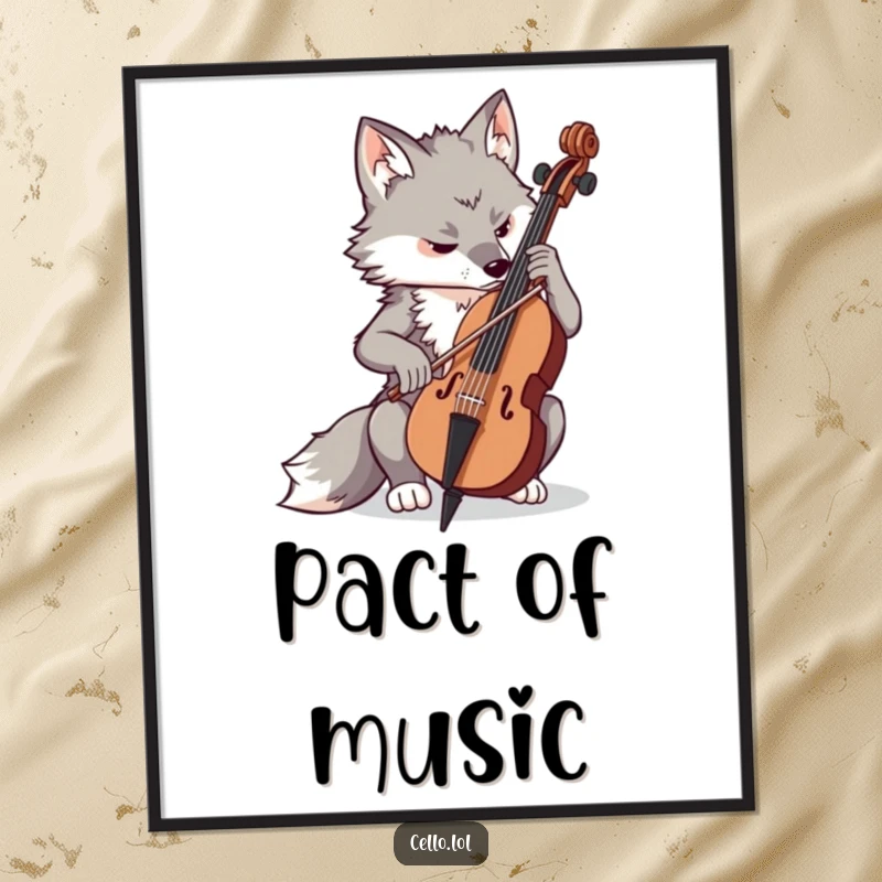 Funny determined wolf playing cello with concentration, digital art print, musical wall decor, focused creature, instant funny gift.