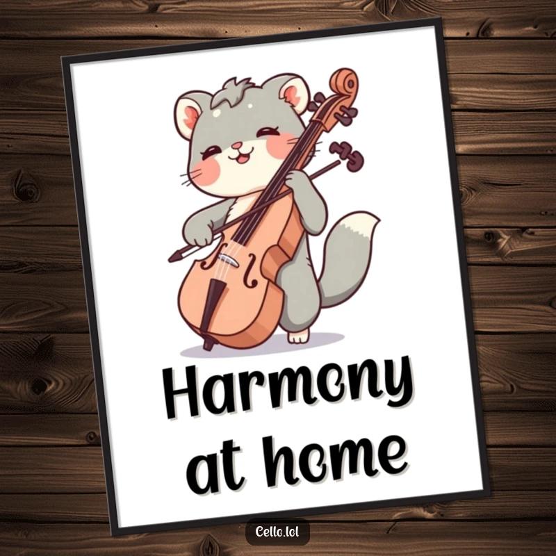 Funny digital art print of an animal joyfully moving its bow across cello strings, offering instant, humorous musical decor.
