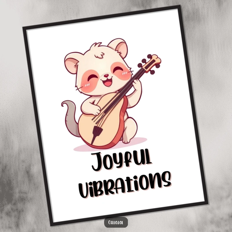 Funny digital art print of a happy animal with a smile plucking cello strings, offering instant musical decor.
