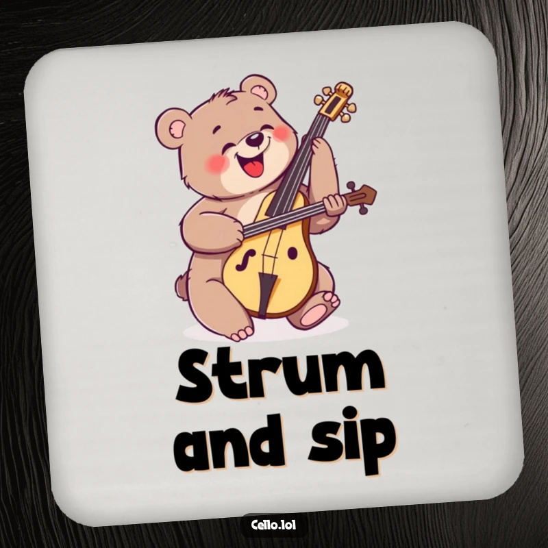 Funny happy bear strumming cello with enthusiastic energy, musical coasters, energetic animal decor, set of funny gifts, table protection.