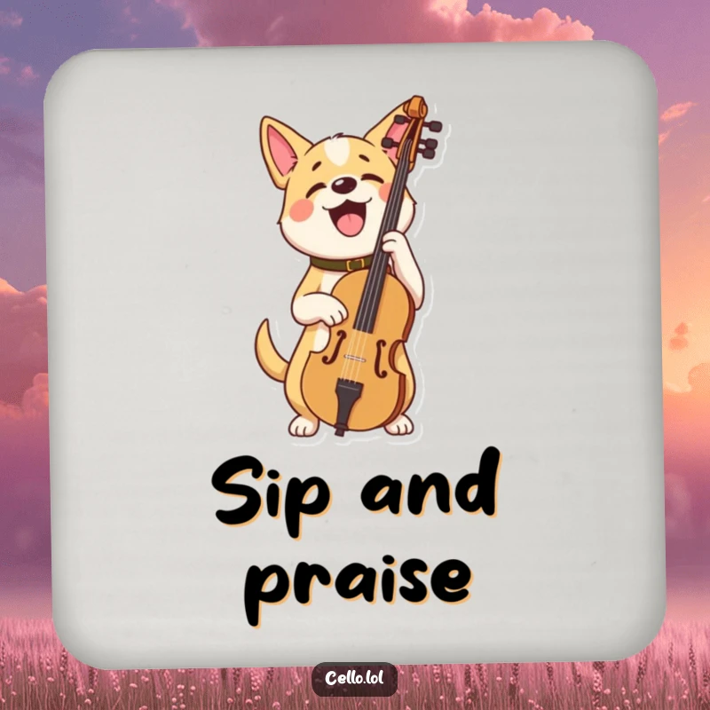Funny dog drink coasters holding cello looking very proud, a set of humorous and protective coasters. Perfect funny gift.