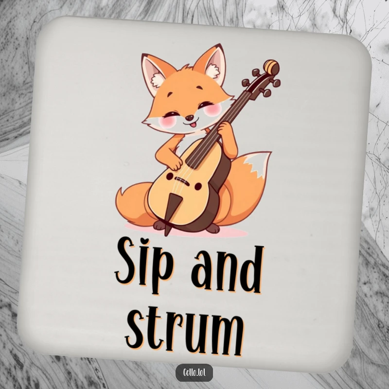Funny Fox Cello Coaster featuring a cheerful fox playing the cello with a happy, focused expression.