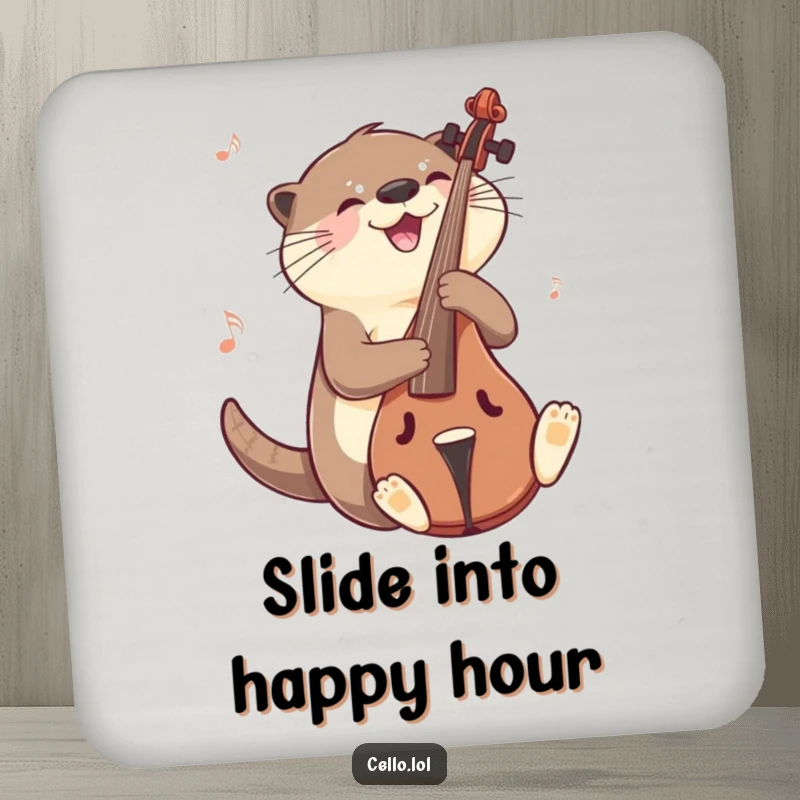 Funny otter drink coasters sliding on cello with a musical gleam, a set of humorous and protective coasters. Perfect funny gift.