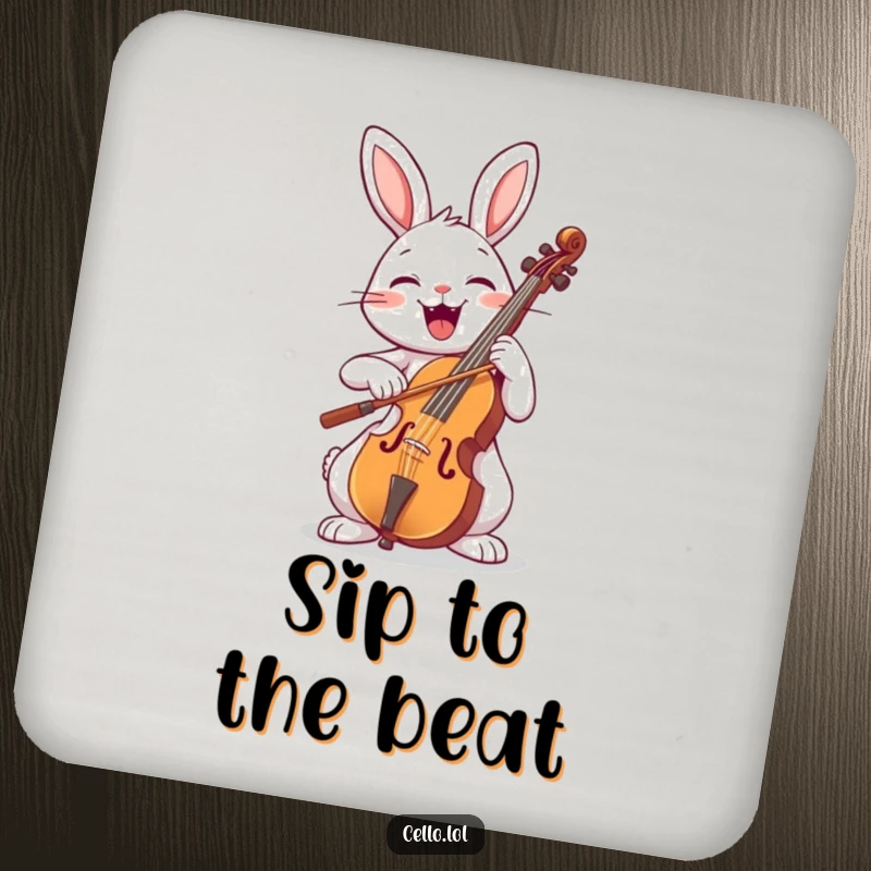 Funny rabbit bowing a cello with a wide smile, musical drink coasters, cute animal decor, set of funny gifts, protecting furniture.